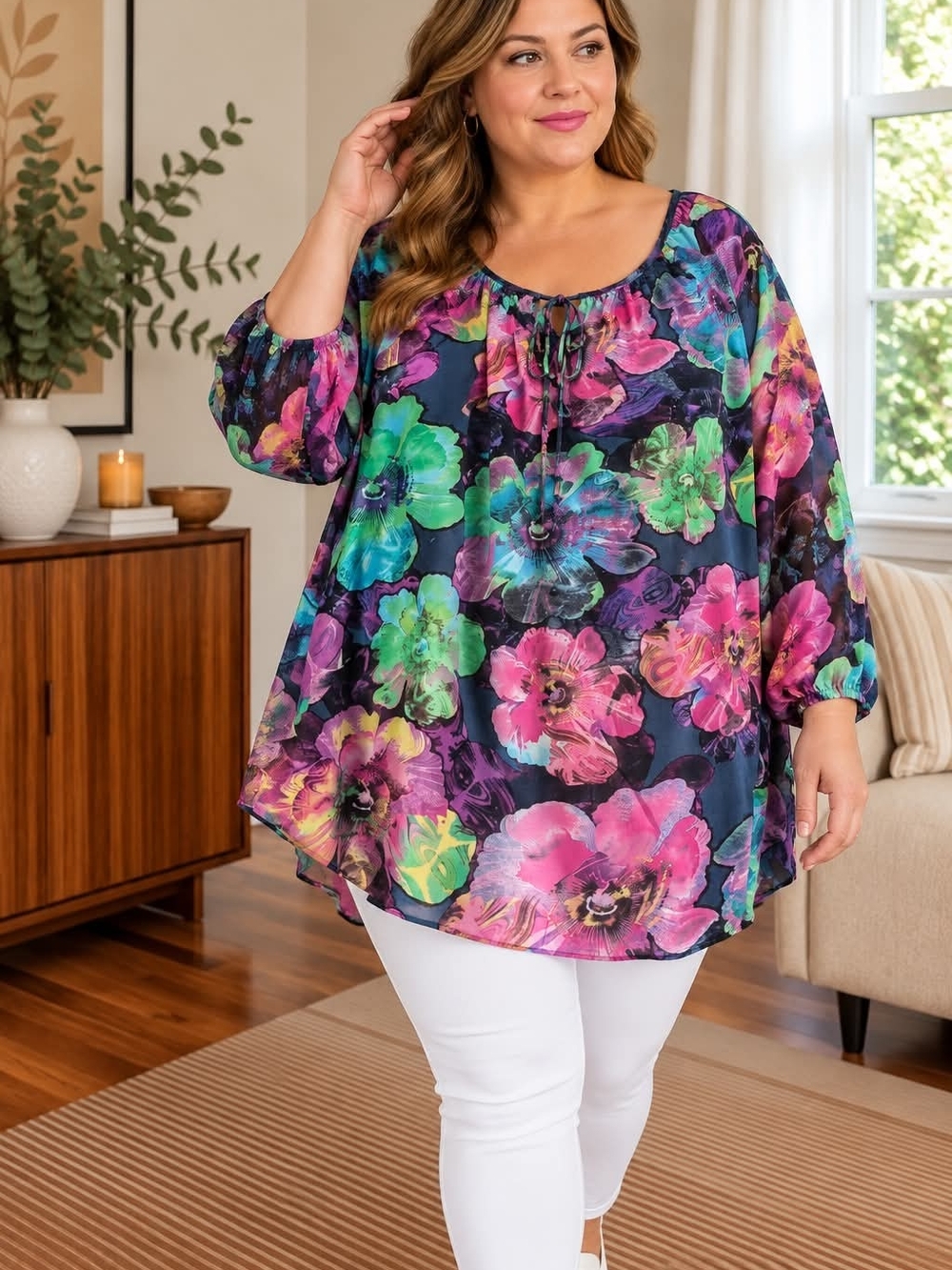 Penningtons Multicolor Floral Tie-Neck Tunic